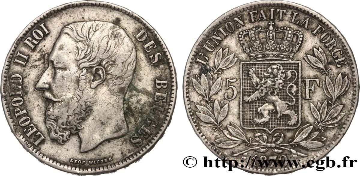 BELGIQUE 5 Francs Léopold II 1870 TB+