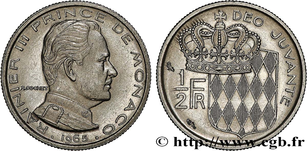 MONACO 1/2 Franc Rainier III 1965 Paris SUP