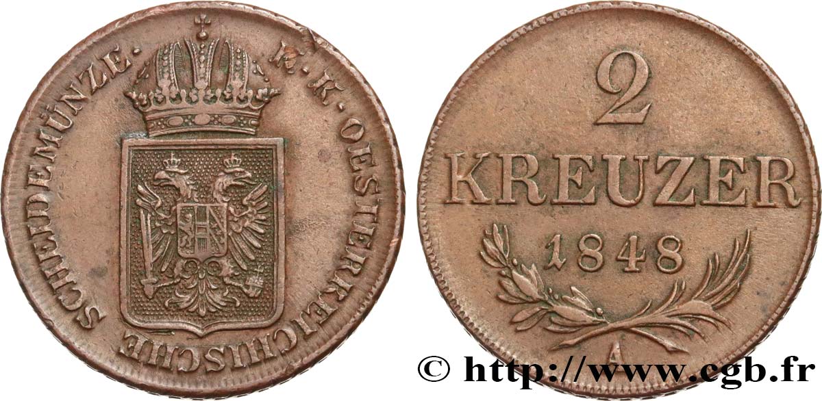 ÖSTERREICH 2 Kreuzer monnayage de la révolution de 1848-1849 1848 Vienne fVZ 