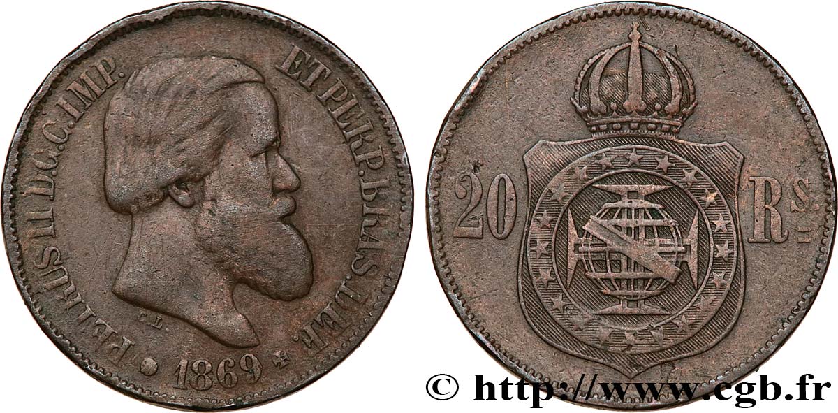 BRASILIEN 20 Réis Pierre II 1869 fSS