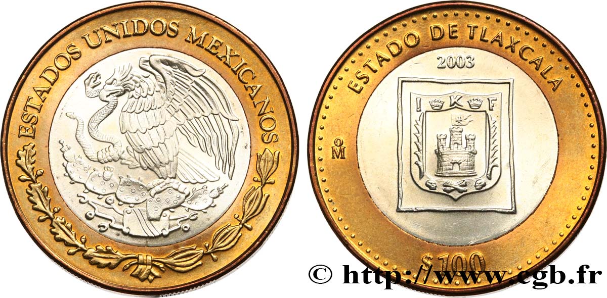 MEXIKO 100 Pesos 180e anniversaire de la Fédération : État de Tlaxcala 2003 Mexico fST 