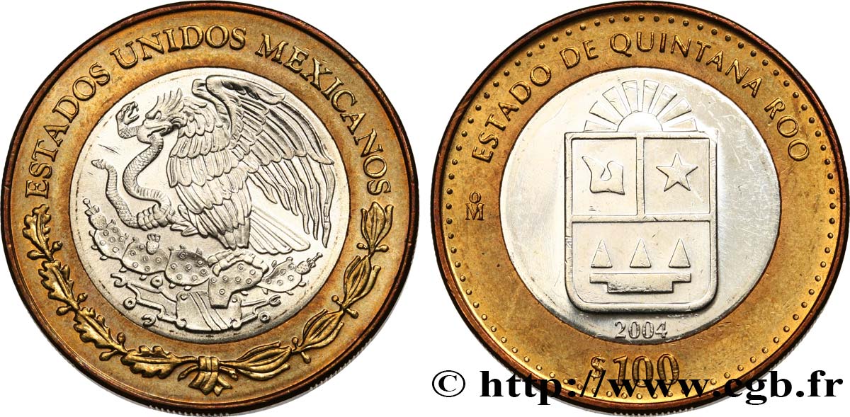 MEXIKO 100 Pesos 180e anniversaire de la Fédération : État de Quintana Roo 2004 Mexico fST 