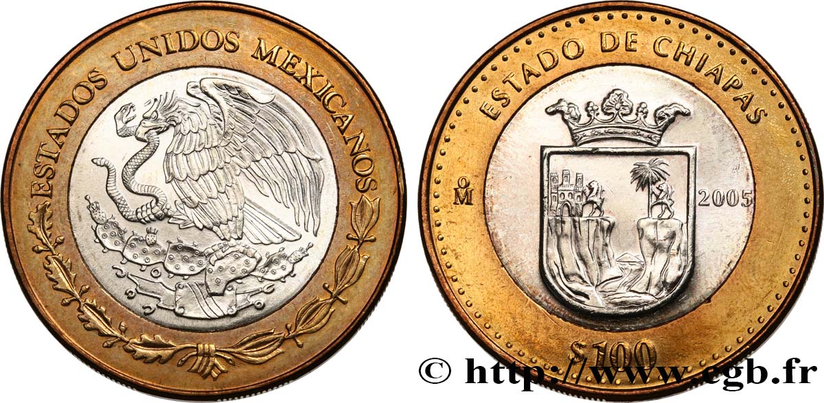 MEXIKO 100 Pesos 180e anniversaire de la Fédération : État du Chiapas 2005 Mexico fST 