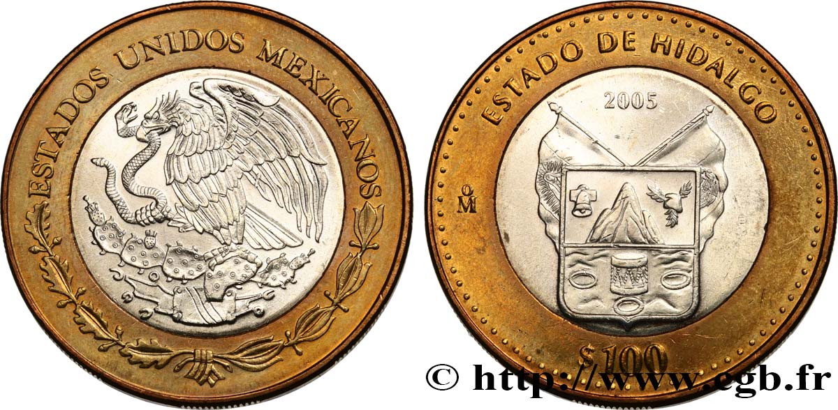MEXIKO 100 Pesos 180e anniversaire de la Fédération : État de Hidalgo 2005 Mexico fST 