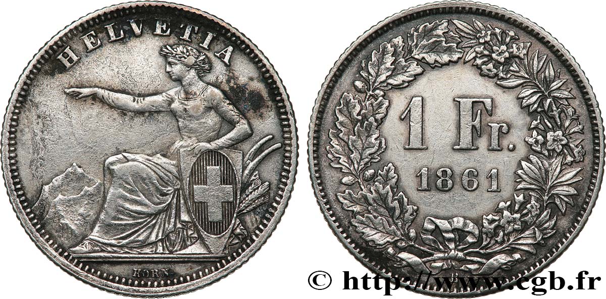 SUISSE 1 Franc Helvetia 1861 Berne TTB