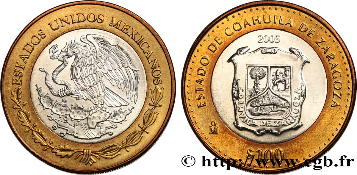 MEXIQUE 100 Pesos 180e anniversaire de la Fédération : État de Cohauila de Zaragoza 2005 Mexico SPL 
