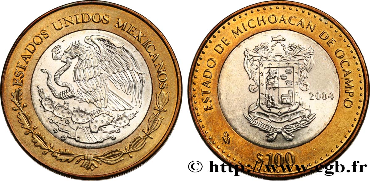 MEXIQUE 100 Pesos 180e anniversaire de la Fédération : État de Michoacan de Ocampo 2004 Mexico SPL 
