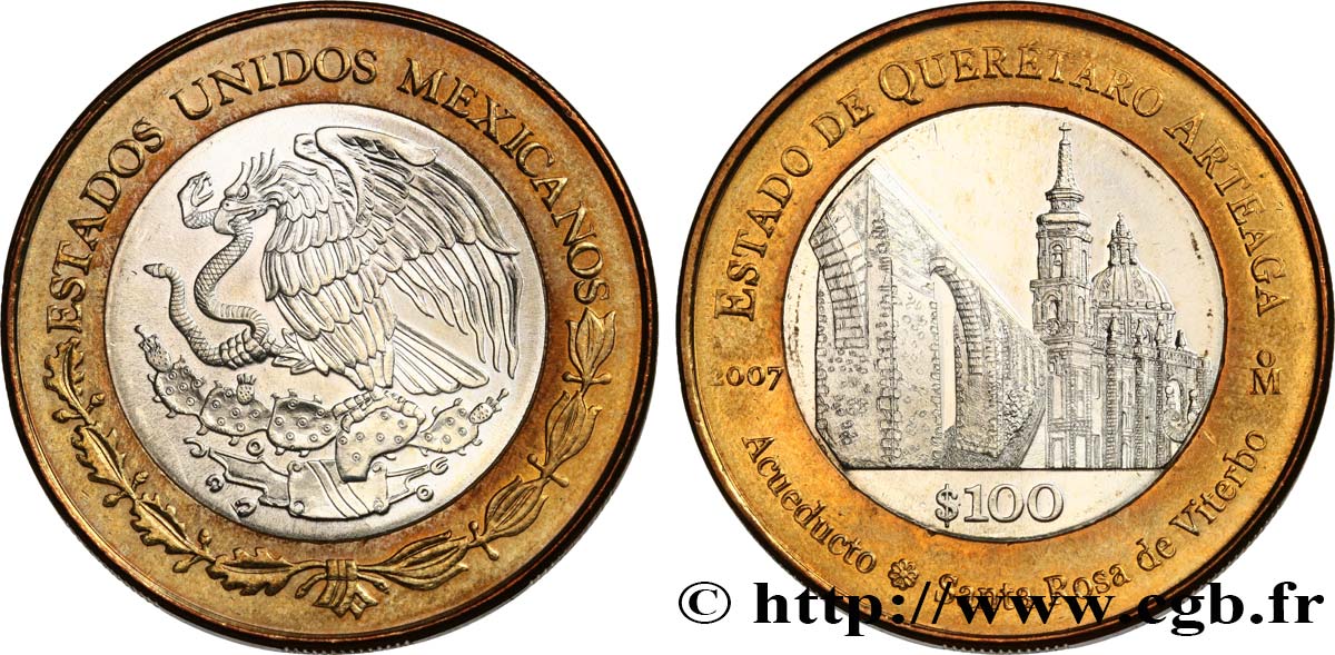 MEXIKO 100 Pesos État de Querétaro Arteaga 2007 Mexico fST 