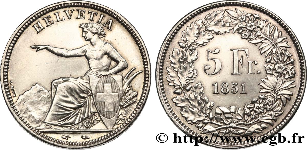 SUISSE - CONFEDERATION 5 Francs Helvetia assise 1851 Paris TTB+ 