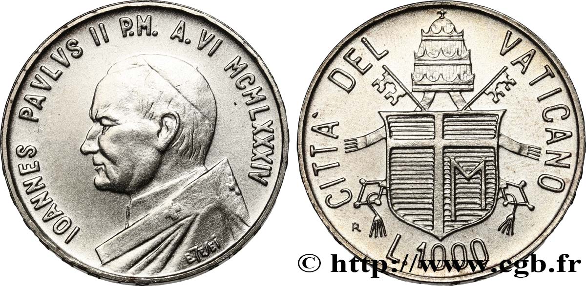 VATICAN ET ÉTATS PONTIFICAUX 1000 Lire Jean-Paul II an VI 1984 Rome SPL 
