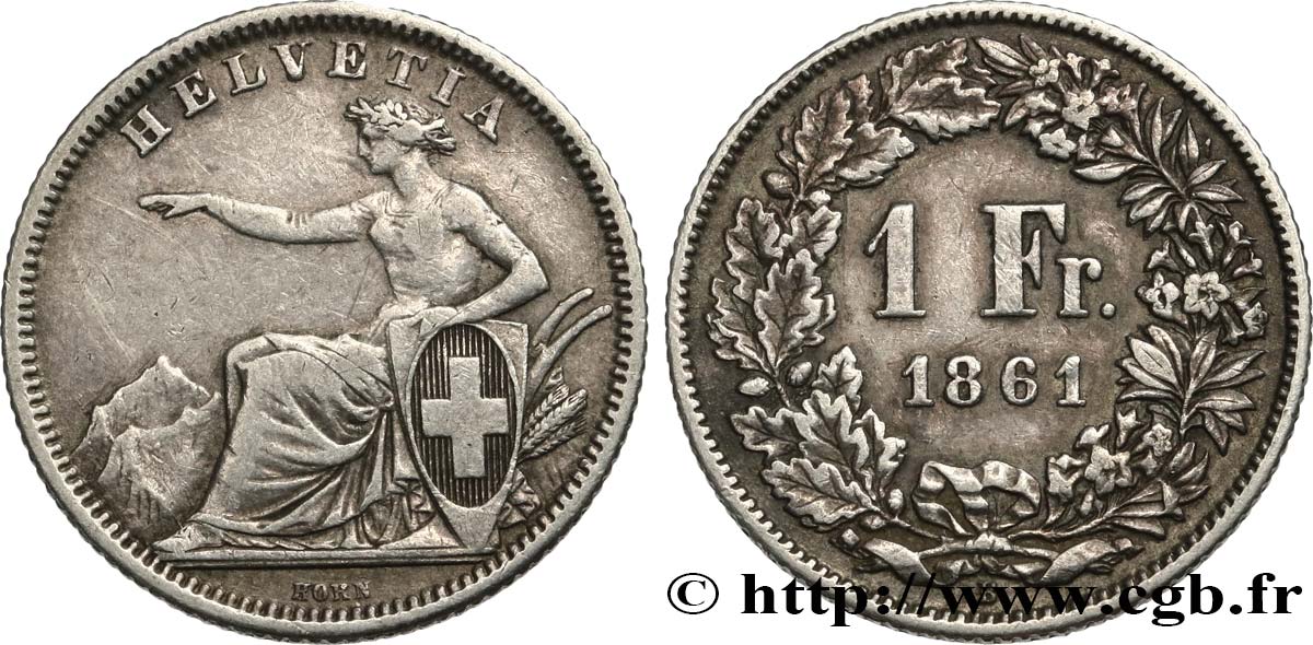 SUISSE 1 Franc Helvetia 1861 Berne TTB 
