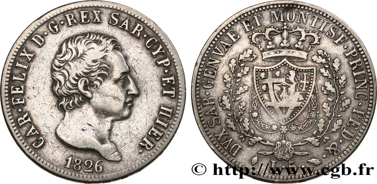 ITALY - KINGDOM OF SARDINIA 5 Lire Charles Félix 1826 Turin XF 