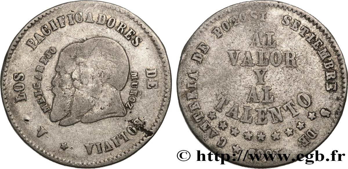 BOLIVIA 1/2 Melgarejo, Général Mariano Melgarejo et Mariano Donato Muñoz 1865 Potosi VF 
