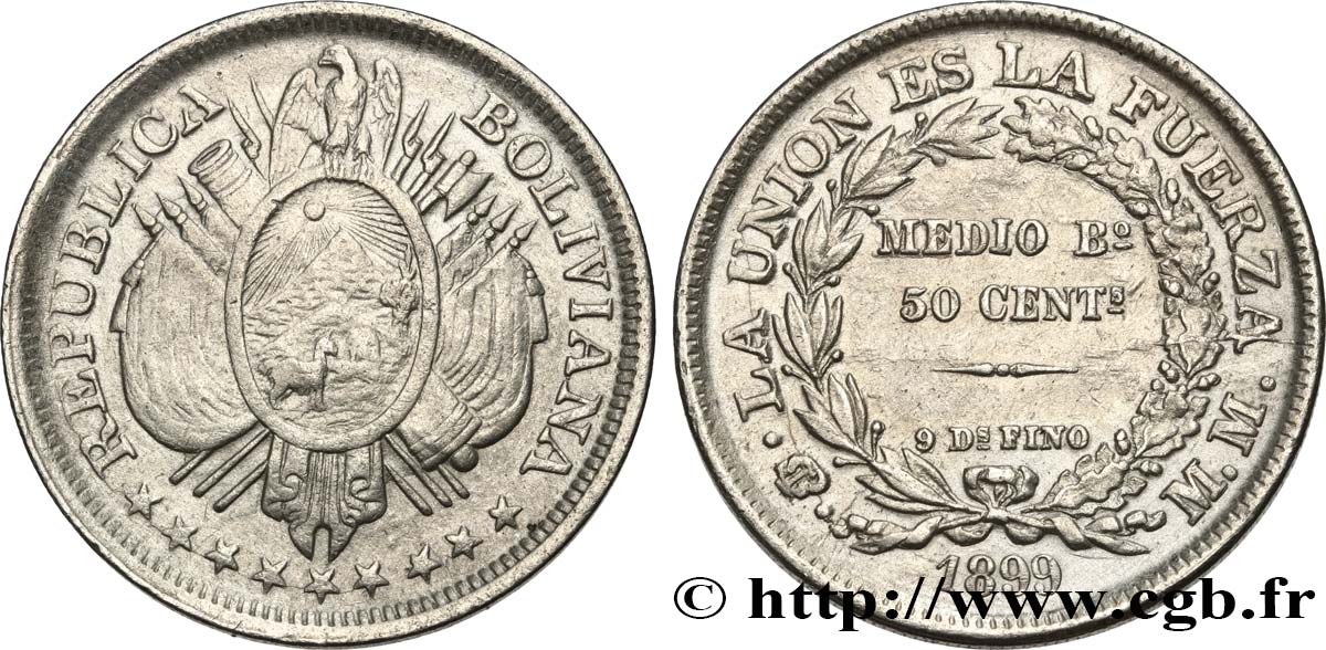 BOLIVIA 50 Centavos (1/2 Boliviano) 1899 Potosi AU 