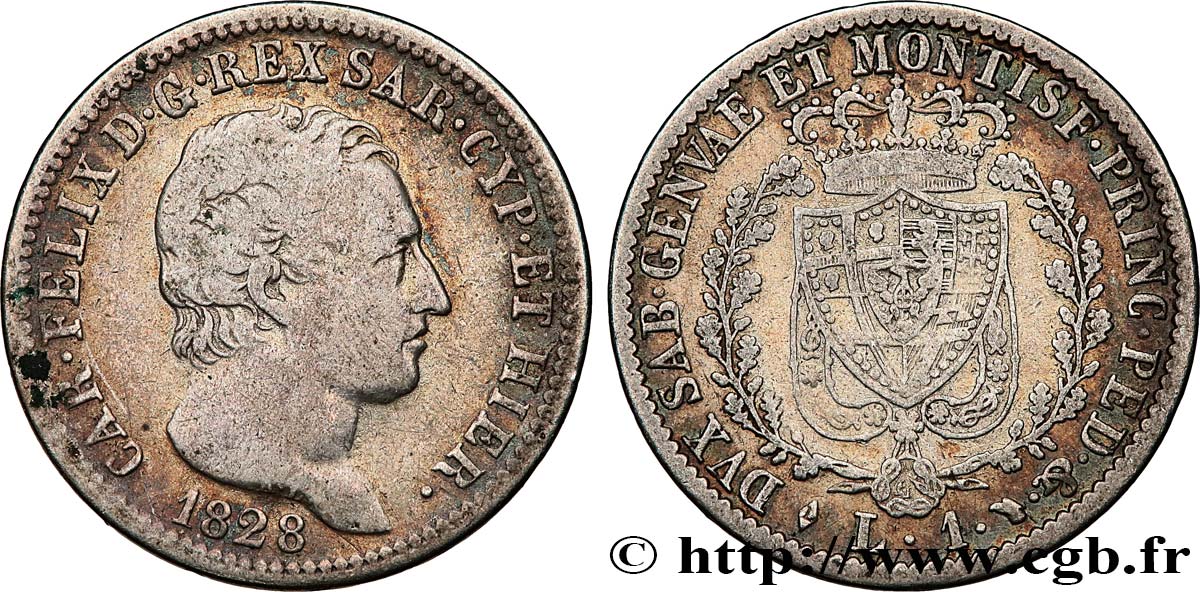 ITALY - KINGDOM OF SARDINIA 1 Lira Charles Félix 1828 Turin VF 