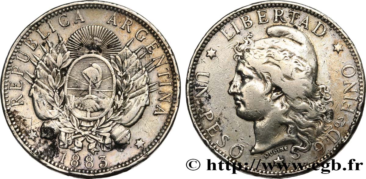ARGENTINA - ARGENTINE REPUBLIC Un peso (5 francs) 1883  VF 