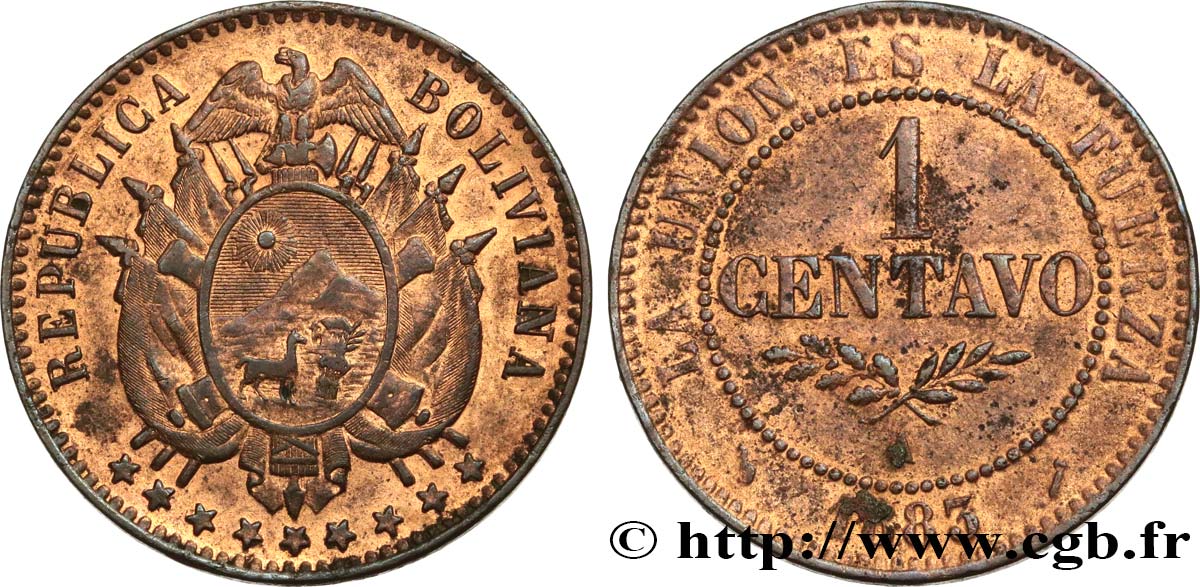 BOLIVIA 1 Centavo emblème 1883 Paris - A EBC NGC