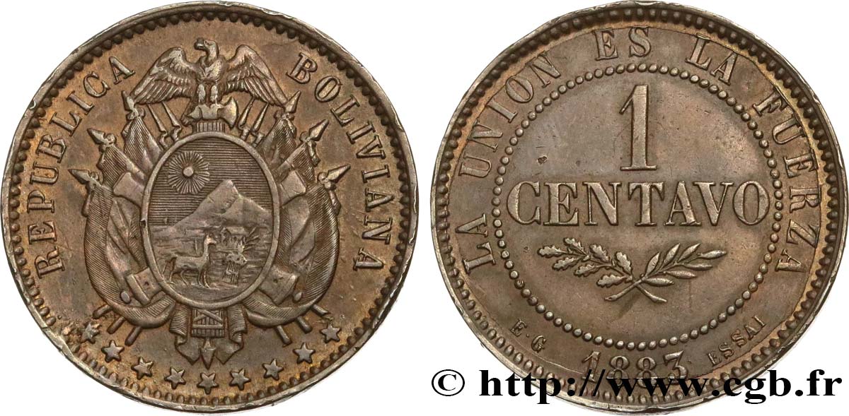 BOLIVIA Essai de 1 Centavo 1883 Paris AU 