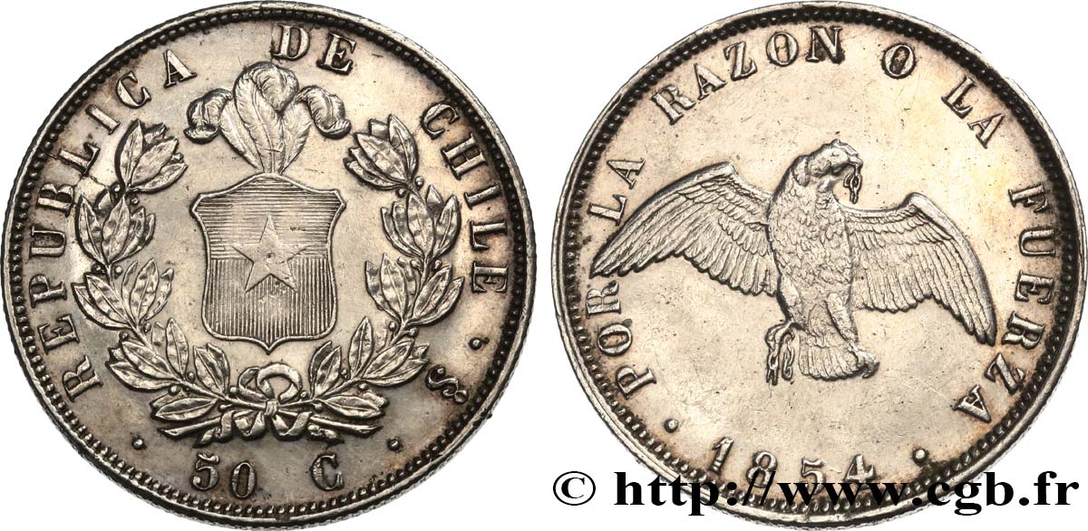 CHILE 50 Centavos 1854 Santiago - S° AU 