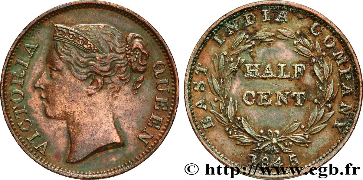MALASIA - COLONIAS DEL ESTRECHO Half (1/2) Cent Victoria variété avec WW sur le buste 1845  MBC 