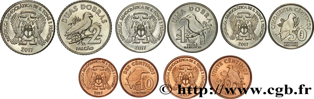 SAO TOMÉ UND PRINCIPE Lot de 4 monnaies 10, 20 & 50 Centavos, 1 & 2 Dobras 2017  fST 
