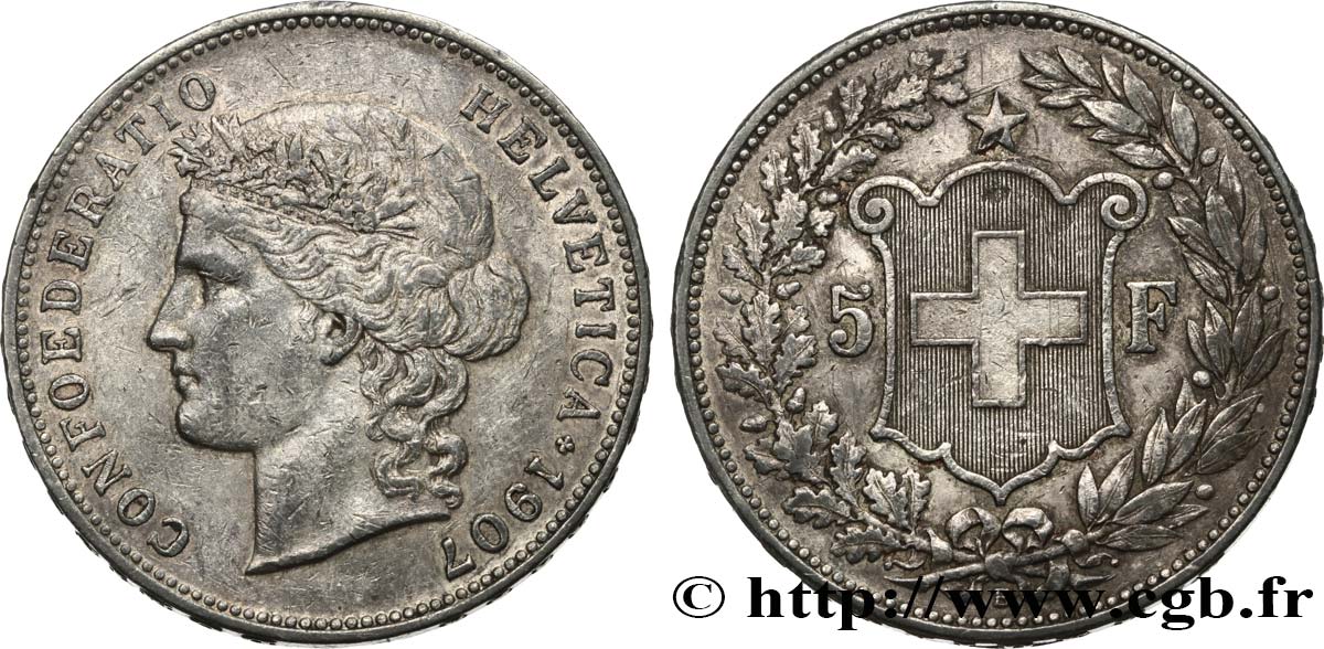 SUISSE 5 Francs Helvetia 1907 Berne TB+ 