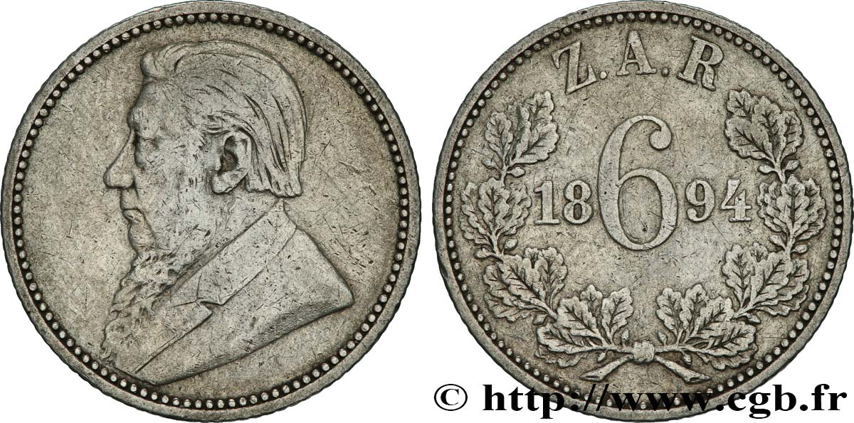 SOUTH AFRICA 6 Pence Kruger 1894  XF 