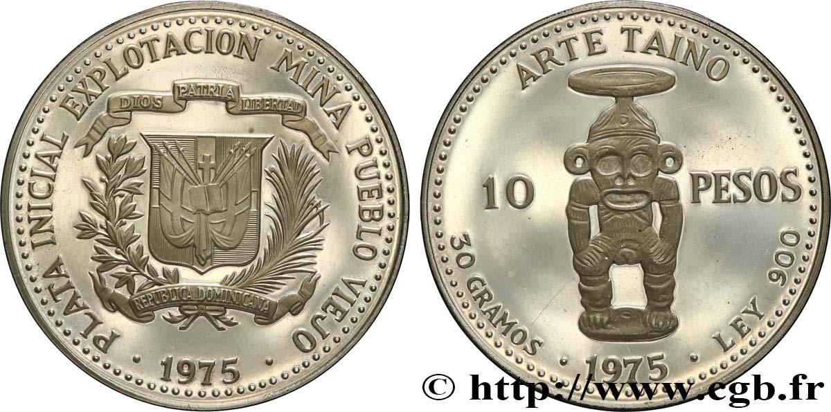 DOMINICAN REPUBLIC 25 Pesos Proof Art Taïno 1975  MS 