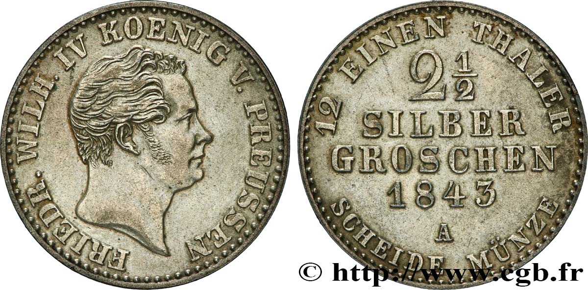 GERMANY - PRUSSIA 2 1/2 Silbergroschen Royaume de Prusse Frédéric Guillaume IV 1843 Berlin AU 