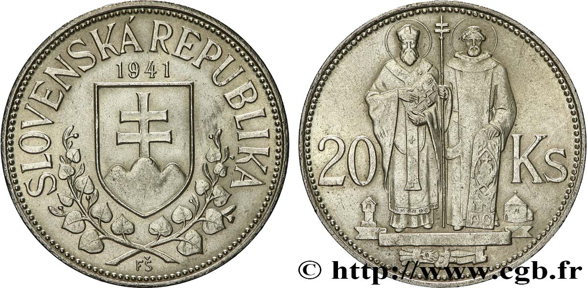 SLOVAKIA 20 Korun St Cyril et St Méthode variété avec croix à simple barre 1941  MS 