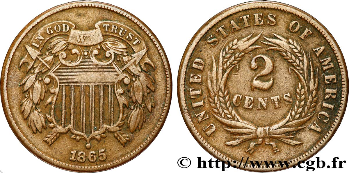 UNITED STATES OF AMERICA 2 Cents Bouclier 1865 Philadelphie XF 