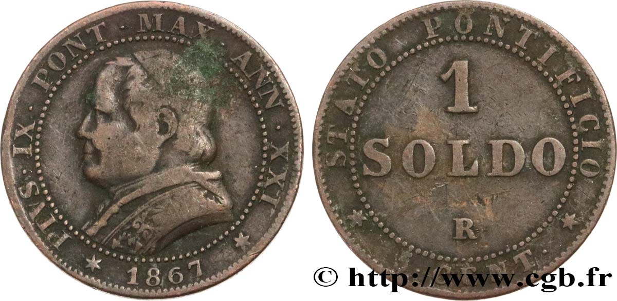 ITALIE - ÉTATS DU PAPE - PIE IX (Jean-Marie Mastai Ferretti) 1 Soldo an XXI buste large 1867 Rome TB+