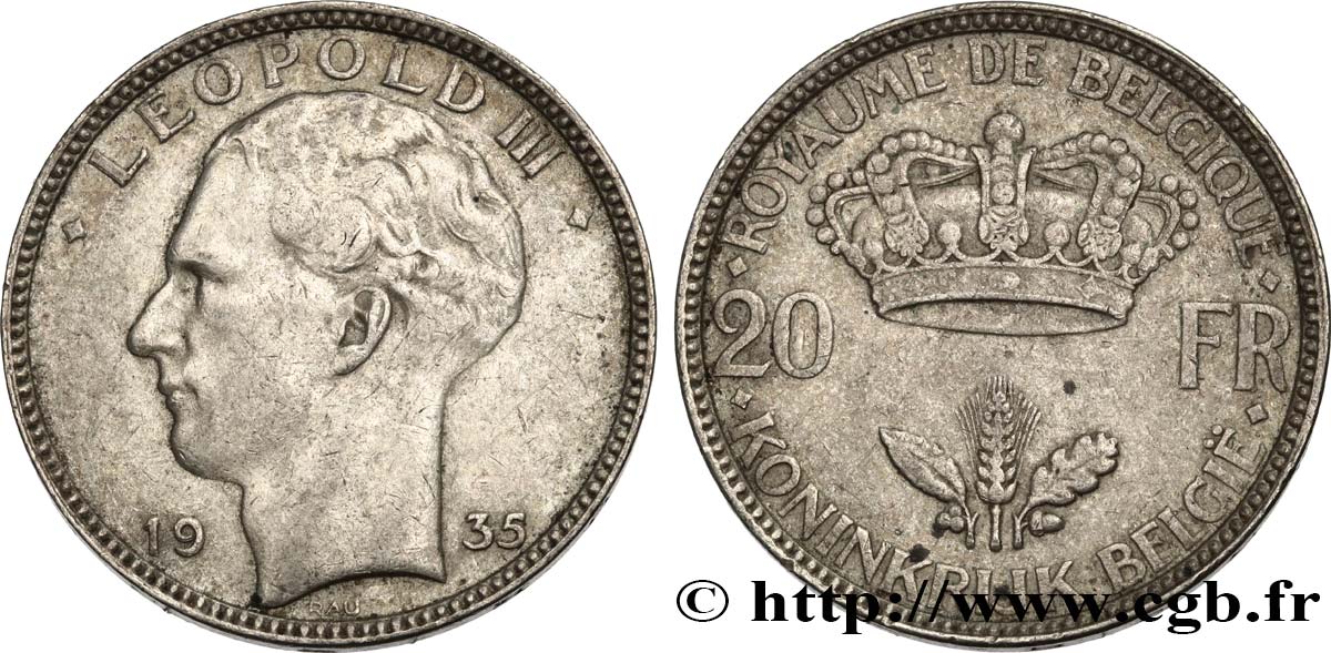 BELGIQUE 20 Francs Léopold III position A 1935 TTB
