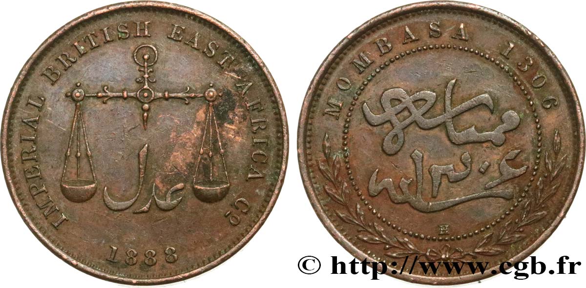 MOMBASA 1 Pice Imperial British East Africa Company AH1306 1888 Calcutta TTB+ 