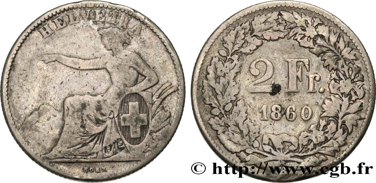SWITZERLAND 2 Francs Helvetia 1860 Berne F 