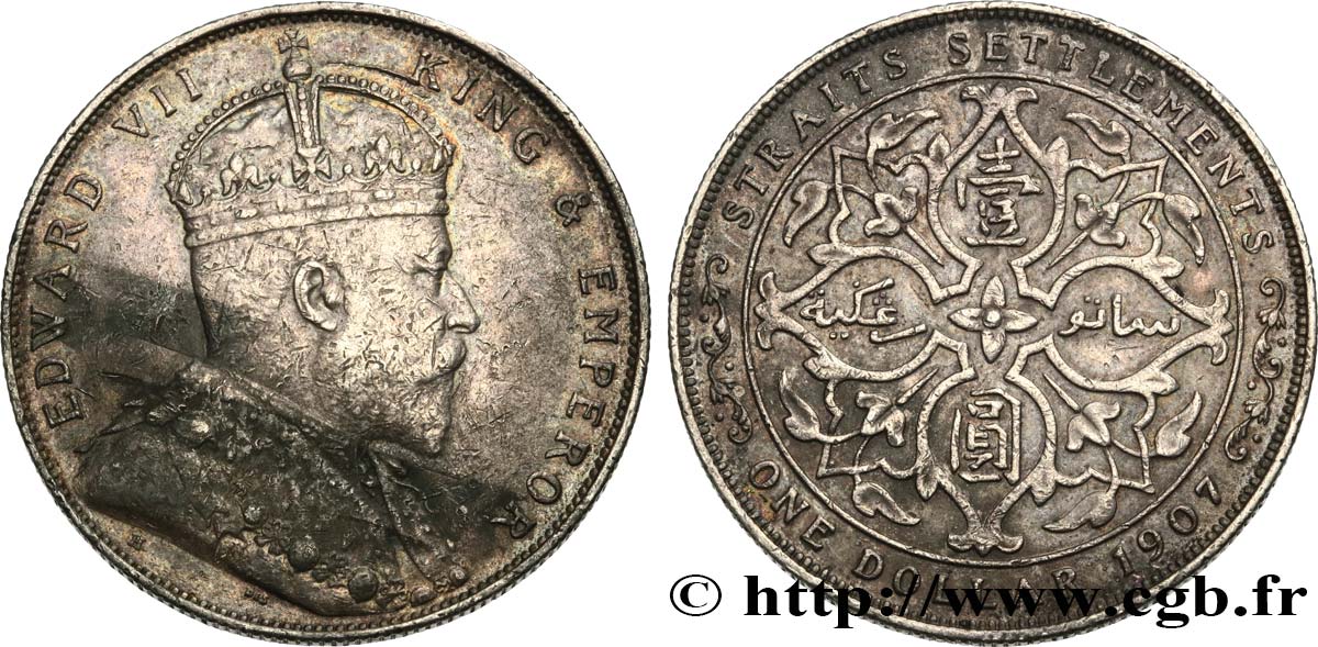 MALAISIE - ÉTABLISSEMENTS DES DÉTROITS 1 Dollar Edouard VII 1907 Bombay TTB+ 