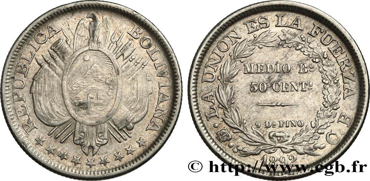 BOLIVIE 50 Centavos (1/2 Boliviano) 1892 Potosi TTB/TTB+ 