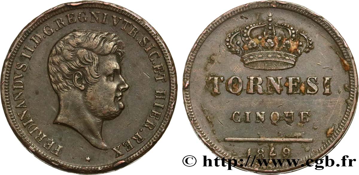 ITALY - KINGDOM OF THE TWO SICILIES - FERDINAND II 5 Tornesi  1849 Naples AU/XF 