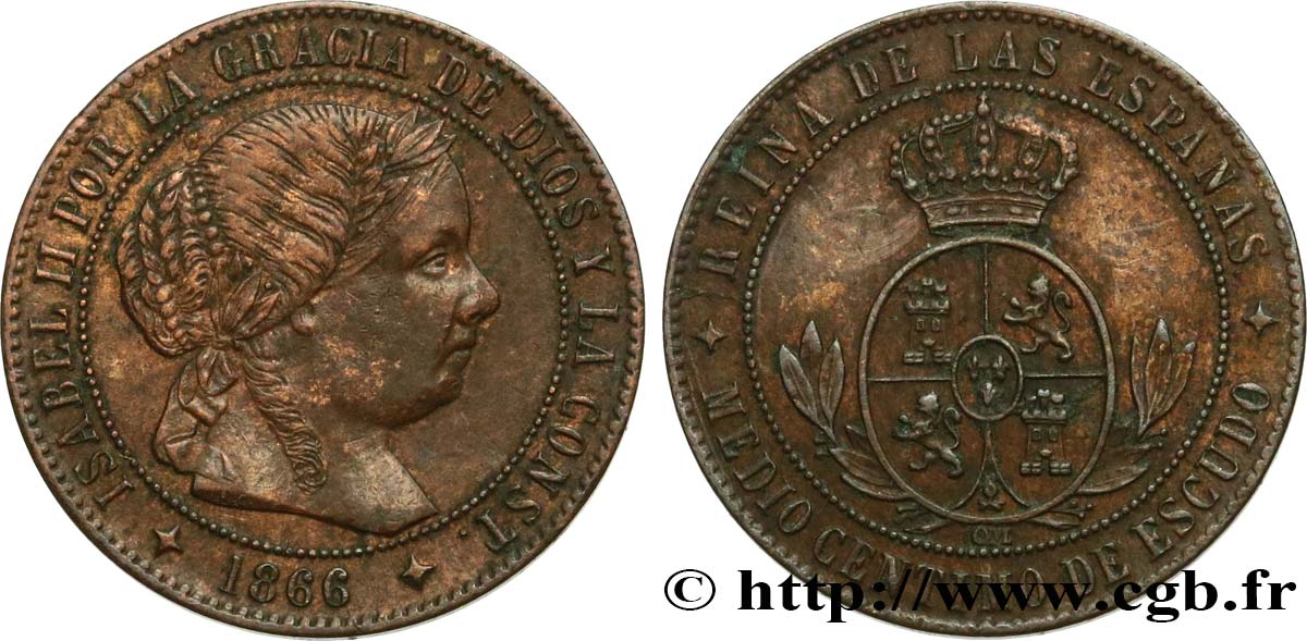 SPAIN - KINGDOM OF SPAIN - ISABELLA II 1/2 Centimo de Escudo  1866 Barcelone AU 