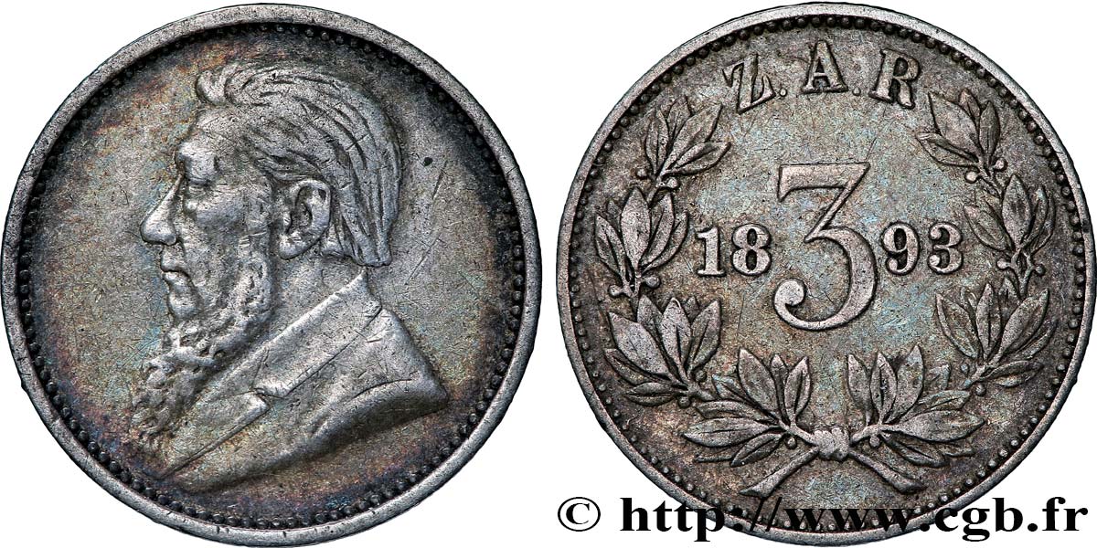 AFRIQUE DU SUD 3 Pence Kruger 1893  TTB 