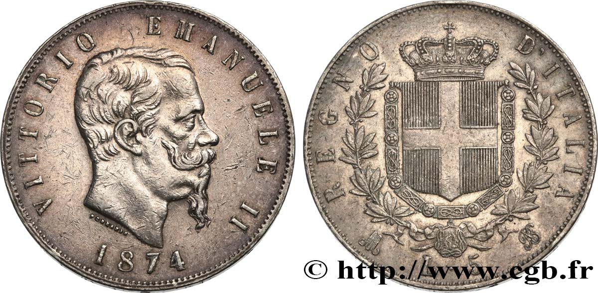 ITALIE 5 Lire Victor Emmanuel II 1874 Milan TTB+