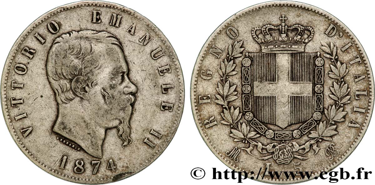 ITALIE 5 Lire Victor Emmanuel II 1874 Milan TB+