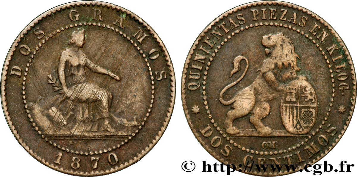 SPAIN 2 Centimos monnayage provisoire 1870 Oeschger Mesdach & CO XF