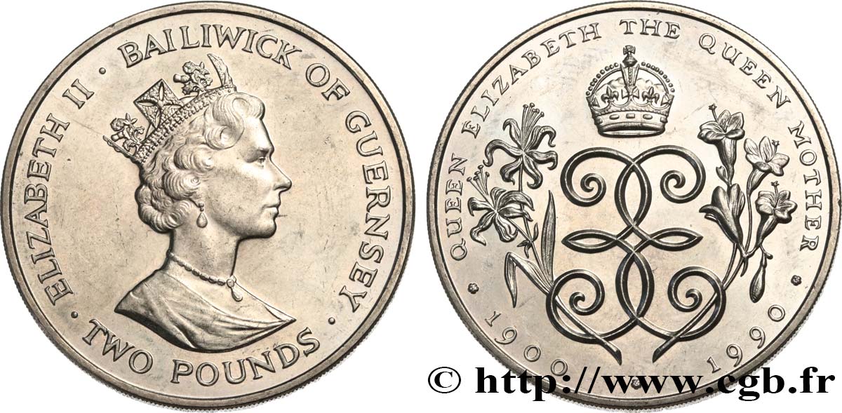 GUERNSEY 2 Pounds 90e anniversaire de la reine-mère Élisabeth 1990  MS 