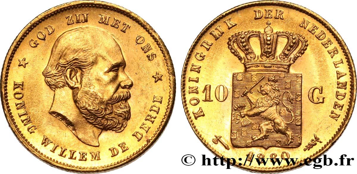 NETHERLANDS 10 Gulden Guillaume III, 2e type 1880 Utrecht MS 