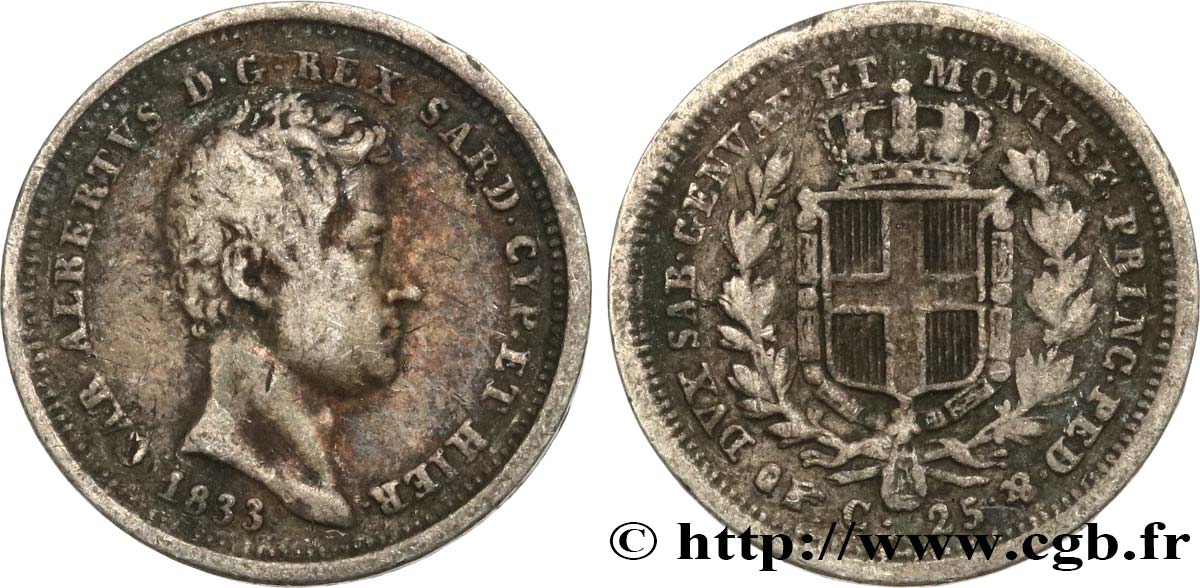 ITALIE - ROYAUME DE SARDAIGNE 25 Centesimi Charles Albert 1833 Turin TB+