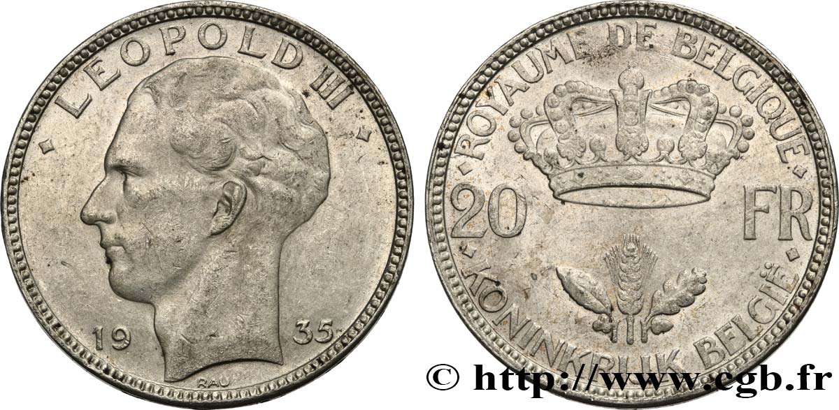 BELGIUM 20 Francs Léopold III position B 1935 AU