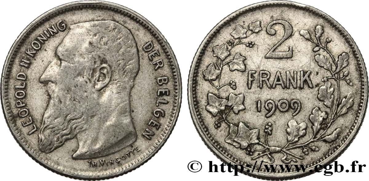 BELGIUM 2 Frank (Francs) Léopold II légende flamande 1909 XF