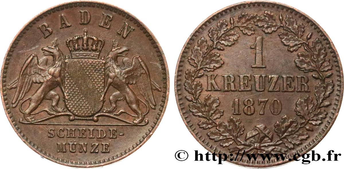 GERMANY - BADEN 1 Kreuzer Grand-Duché de Bade 1870 Karlsruhe AU