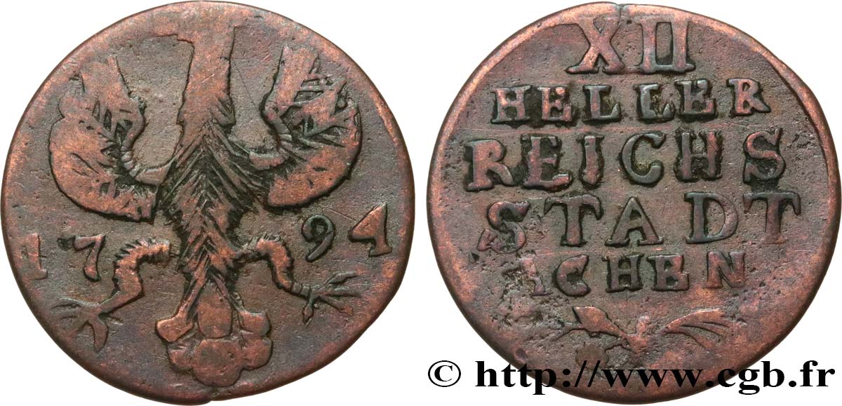 GERMANY - AACHEN 12 (XII) Heller ville de Aachen aigle 1794 VF